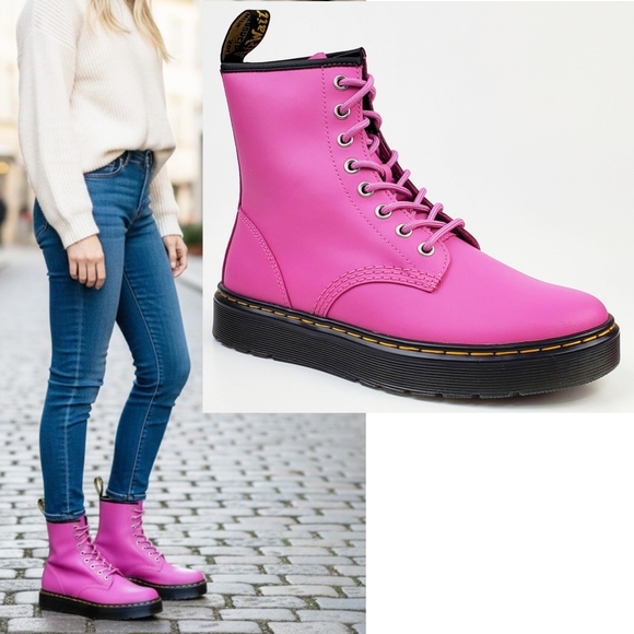 NWB Dr Martens Zavala combat boots thrift pink leather lace up preppy bohemian - Picture 2 of 15